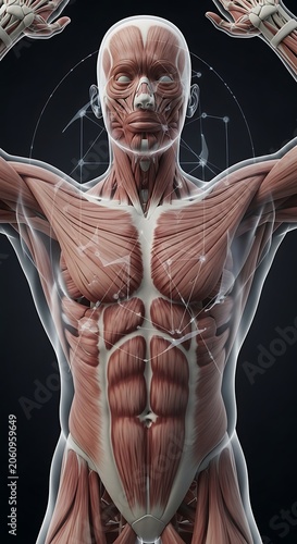 Human muscular system anatomy illustration with scientific details.