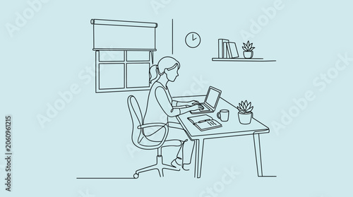 Woman working on laptop at desk, home workspace illustration