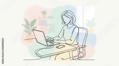 Woman working on laptop at desk, minimalist line art with watercolor background