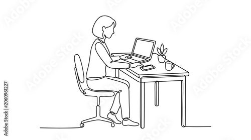 Woman Working on Laptop at Desk, Minimalist Single Line Drawing Style