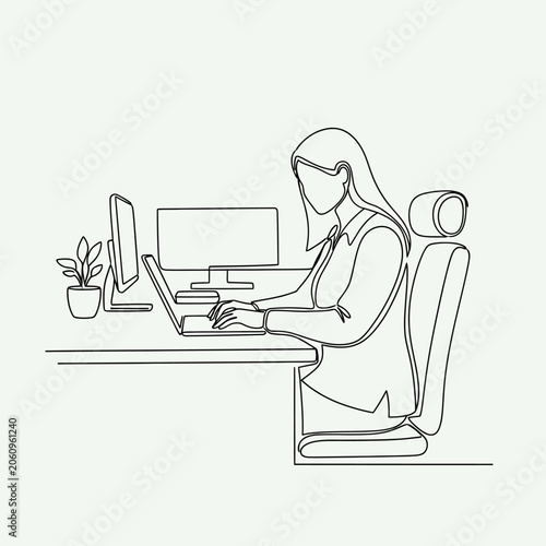 Woman working on laptop at office desk, continuous line art illustration.