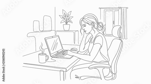 Woman working on laptop at home office desk, line art illustration