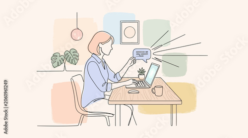 Woman working on laptop, communication, online chat, digital connection, modern office