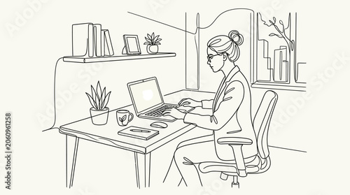 Woman working on laptop in modern office, drawing style