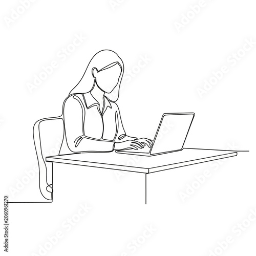 Woman working on laptop, continuous line drawing, office desk setup