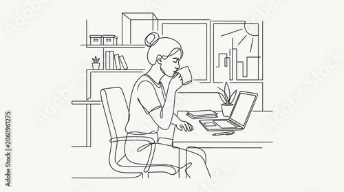 Woman working with laptop and coffee, minimalist line art illustration