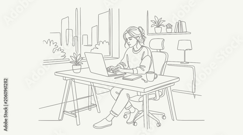 Woman works at home office desk laptop, line art illustration