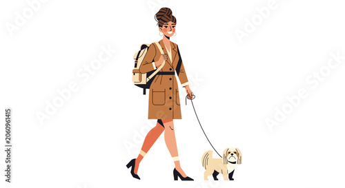 Stylish woman walking her small dog on a leash.
