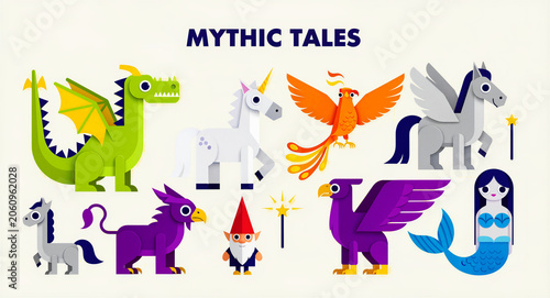 Flat vector illustration of mythical creatures including a dragon, unicorn, phoenix, and mermaid. Stylized geometric paper-cut characters set. Fantasy folklore concept for children's design.
