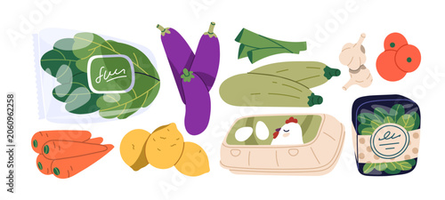 Vegetables, greens and eggs, grocery set. Spinach in pack, eggplant, zucchini...