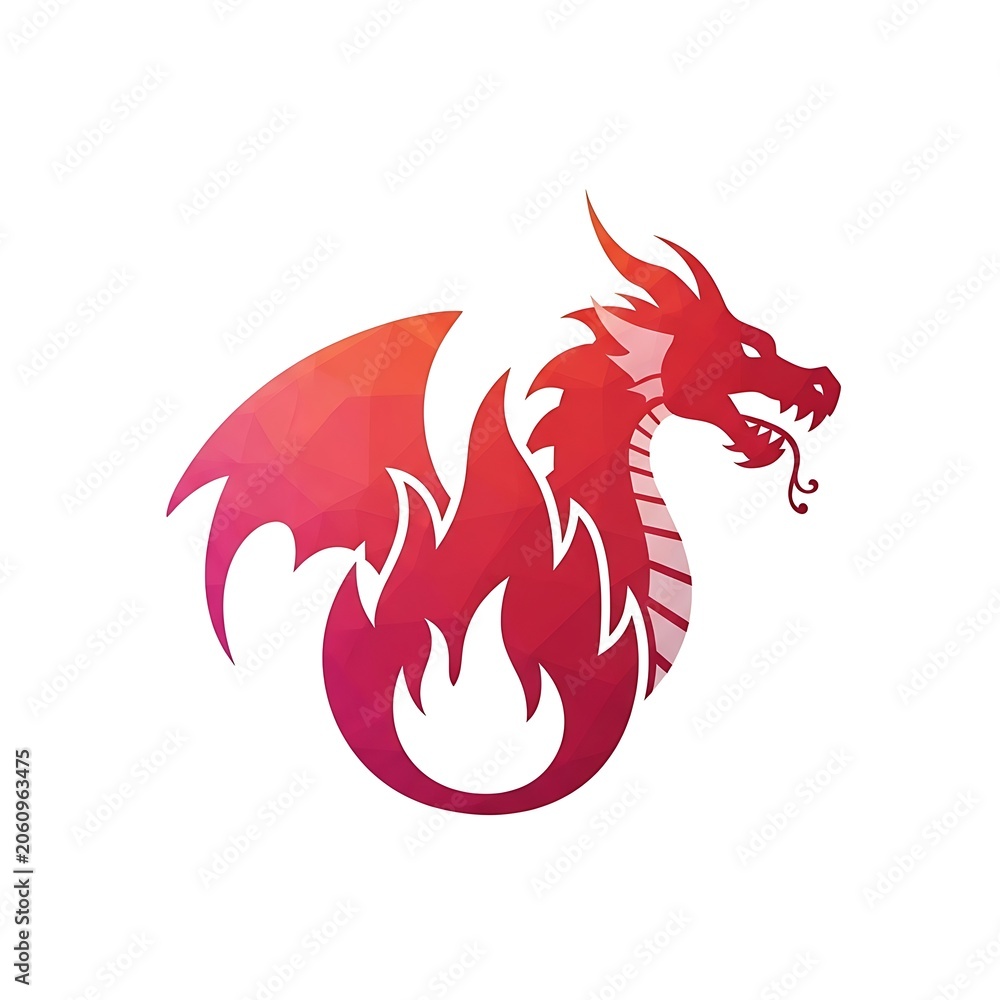 Fototapeta premium Red dragon silhouette with flames logo design.