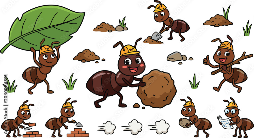 Fototapeta premium Vector cartoon collection of cute worker ants wearing yellow hard hats building colony carrying leaves digging dirt rolling soil and reading construction blueprints illustrations