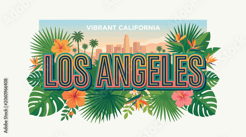 Los Angeles city skyline illustration with tropical flowers and palm leaves
