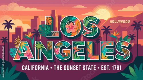 Los Angeles city skyline view with typography, california sunset scenery