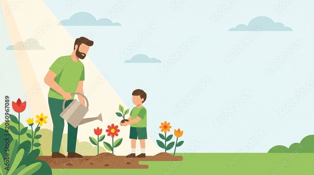 Fototapeta premium Father and child planting flowers together in sunny garden with blooming tulips