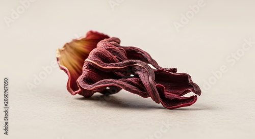 Single dried hibiscus calyx on a neutral beige background