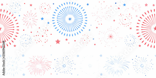 Foto Fireworks display pattern with red and blue starbursts against a white backgroun