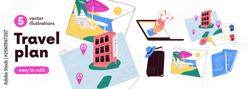 Travel plan set. Hotel booking, online flight tickets buying, suitcase baggag...