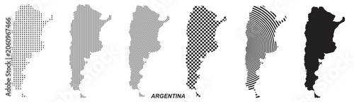 Argentina map silhouette vector, argentina isolated country outline graphic set, 6 black design templates with dots stripes and checkered patterns, geometric abstract digital layout element