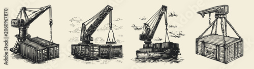 This vintage illustration showcases various cranes used for loading and unloading shipping containers. The artwork depicts different crane styles in action, emphasizing their integral role in the mari