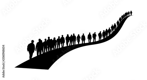 Billede på lærred Crowd of People Silhouettes Walking Uphill Vector Illustration