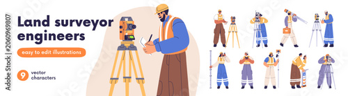 Surveyor engineers working with topographic survey tools set. Geodesy workers...