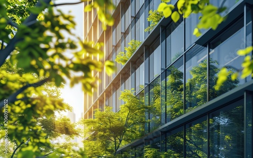 Glass building is shown surrounded by vibrant green trees and foliage, highlighting sustainable design.