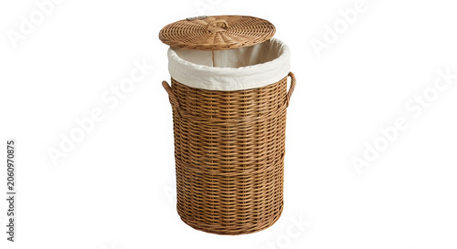 Modern wicker laundry basket with white fabric liner, isolated on white background, home organization and storage concept, natural woven texture, high quality product photography