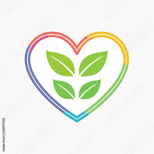 Heart with Green Leaves and Rainbow Outline
