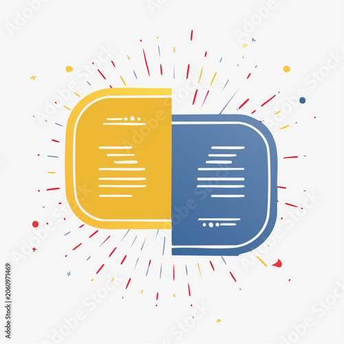 Yellow and blue speech bubbles with lines and confetti