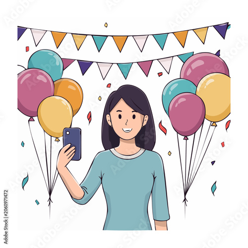 Woman taking a selfie at a party with balloons and confetti