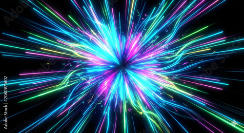 Abstract colorful neon light burst with dynamic energy rays, futuristic motion background, vibrant digital artwork