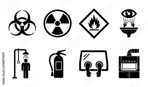 Safety Warning Icons Set, Hazard Symbols, Emergency Equipment, for Industrial Use