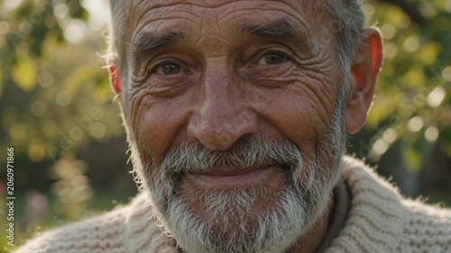 An elderly face smiling with deep, peaceful wisdom and kind eyes.