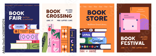 Book crossing, fair, festival and store, promotion posters set. Fiction liter...