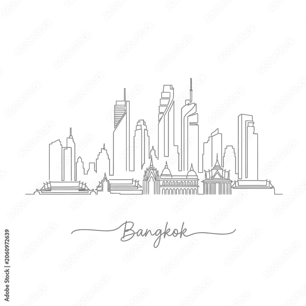 Fototapeta premium Bangkok City Skyline Drawing, Thailand Architecture Illustration
