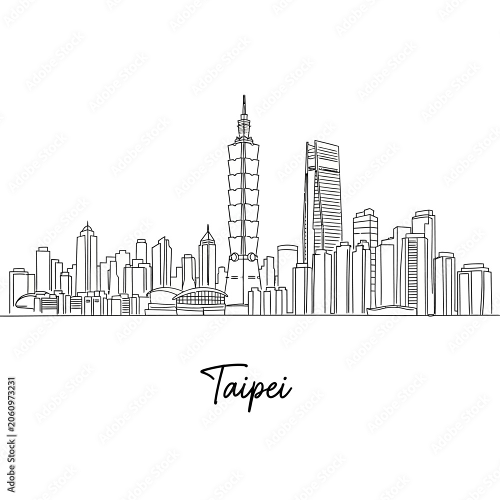 Obraz premium Taipei City Skyline Illustration: Modern Architecture in Monochrome.