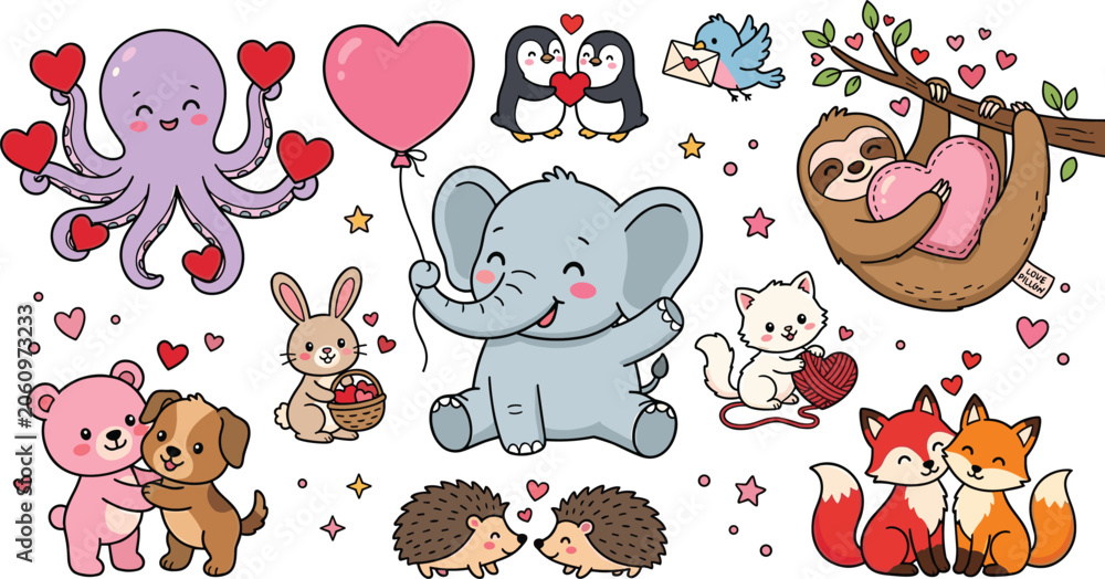 Fototapeta premium Vector cartoon collection of cute Valentines Day animal characters featuring elephant with balloon octopus sloth fox couple penguins bear and dog sharing love hearts stickers