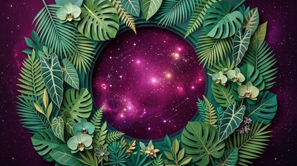 Vibrant purple galaxy surrounded by lush green tropical leaves and exotic plants.
