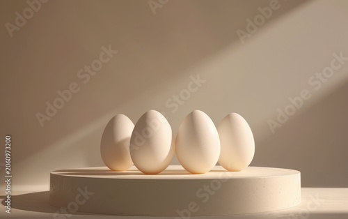 Minimalist four white eggs arranged on a circular, beige platform against a neutral background, bathed in soft light.