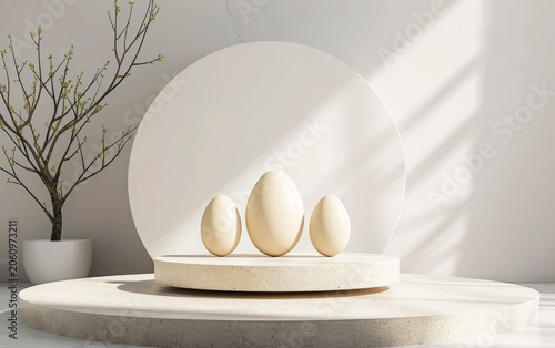 Three differently sized beige eggs sit atop a minimalist two-tiered circular concrete display in a sunlit room.