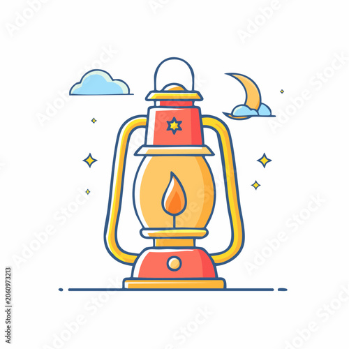 Vintage Lantern with Flame and Night Sky Elements