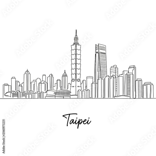 Taipei City Skyline Illustration: Modern Architecture in Monochrome.