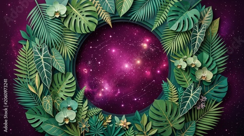 Vibrant purple galaxy surrounded by lush green tropical leaves and exotic plants.