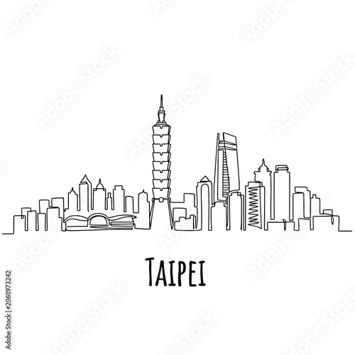Taipei City Skyline Illustration, One Line Art, Asia, Taiwan