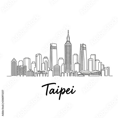 Taipei City Skyline Illustration, Taiwan Architecture, Black and White Drawing