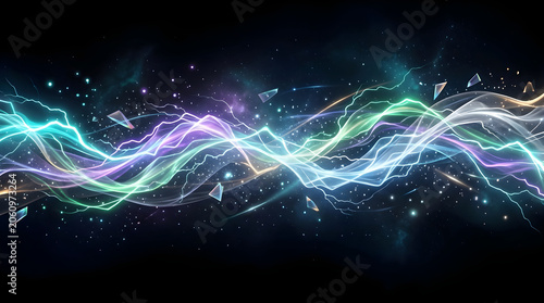 Abstract bright glowing lightning electric energy waves with sparks and particles on black background