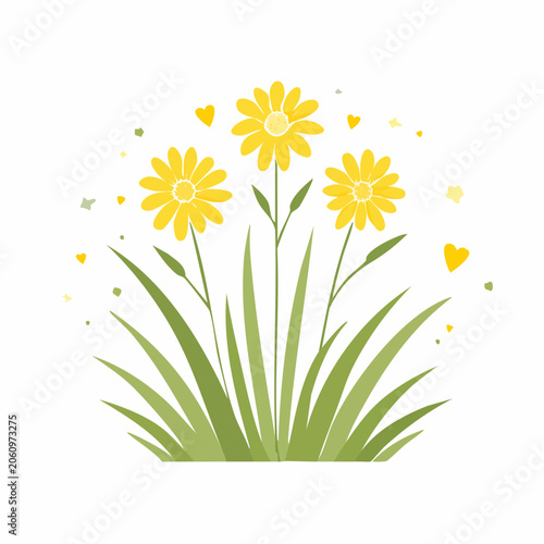 Yellow Daisies with Green Grass and Hearts
