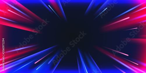 Tableau sur toile Dynamic light motion with zoom effect, high speed trails, radial red blue lines, abstract vector perspective background