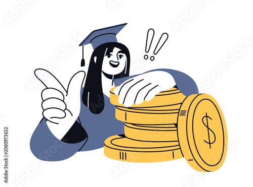 Graduate woman with money. Financial literacy, university education in econom...